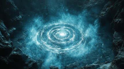 Wall Mural - a glowing spiral appears within a cavernous and rocky environment