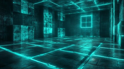 Wall Mural - an empty cyan lit room with block patterned walls and floor