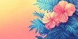 © Ilja - Pink Hibiscus Flowers And Blue Palm Leaves On Orange Background, Watercolor Illustration