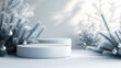 © IA Tuga - A sleek, minimalist winter-themed product display featuring a set of round podiums