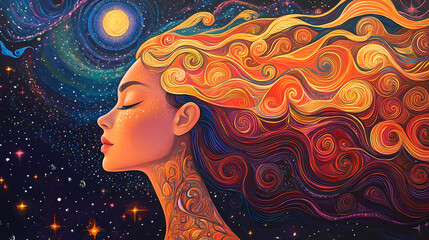 Wall Mural - Portrait of a young woman with illuminated hair and cosmic background in an artistic representation of inner peace and transcendence. Transcendence - Space. Illustration