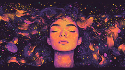 Wall Mural - Portrait of a young woman with illuminated hair and cosmic background in an artistic representation of inner peace and transcendence. Transcendence - Space. Illustration