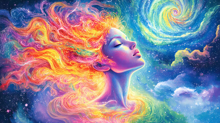Wall Mural - Portrait of a young woman with illuminated hair and cosmic background in an artistic representation of inner peace and transcendence. Transcendence - Space. Illustration