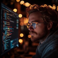 Software developer coding at night, illuminated by monitor and ambient lights.