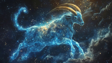Wall Mural - A celestial goat, a depiction of the zodiac sign capricorn, formed from twinkling stars and a flowing cosmic nebula. Transcendence - Space. Illustration
