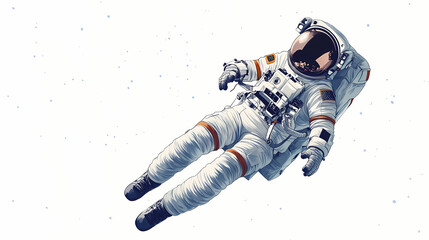 Wall Mural - A cartoon astronaut joyfully floating in zero gravity against a white backdrop, exploring the vastness of space during an adventurous cosmic journey. Journey - Path. Illustration