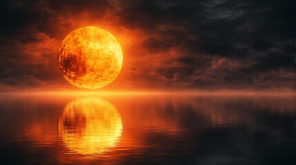 Wall Mural - glowing orb floating over reflective water with dark moody skies