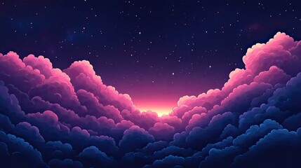 A captivating space scene with a deep navy blue background, complemented by pastel pink and lavender clouds