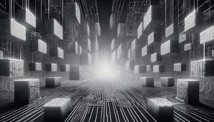 Blockchain technology concept with Information blocks numbers and codes in digital space