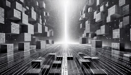 Blockchain technology concept with Information blocks numbers and codes in digital space