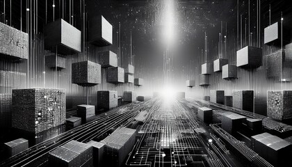 Blockchain technology concept with Information blocks numbers and codes in digital space
