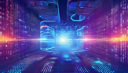 Blockchain technology concept with Information blocks numbers and codes in digital space