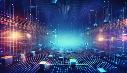 Blockchain technology concept with Information blocks numbers and codes in digital space