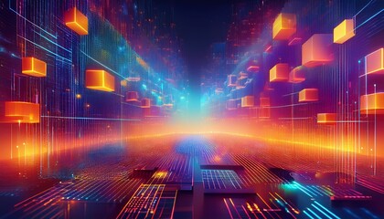 Blockchain technology concept with Information blocks numbers and codes in digital space