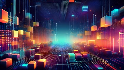 Blockchain technology concept with Information blocks numbers and codes in digital space