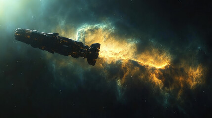 A celestial wonder of fiery gold and icy blue nebulae, stretching across the void like an intergalactic canvas, with a lone spacecraft drifting in serene solitude