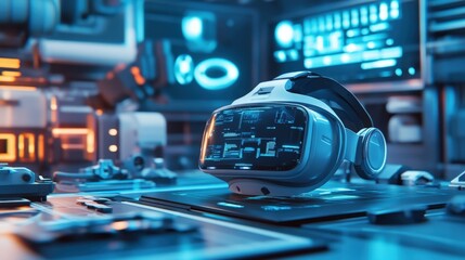 A detailed view of a VR headset resting on a futuristic workspace with an array of hightech gadgets and tools in the background emphasizing the integration of VR technology into professional