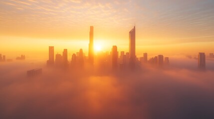 Poster - ahmadwahyuutomo776@gmail.com A futuristic city skyline at dawn, showcasing modern architecture and emerging light in a vibrant atmosphere.