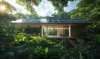 Poster - ahmadwahyuutomo776@gmail.com A futuristic smart home featuring solar panels, ideal for eco-friendly living and modern architecture.