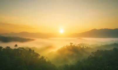 Aufkleber - ahmadwahyuutomo776@gmail.com A stunning sunrise over a foggy tropical landscape, showcasing a golden glow and serene beauty.