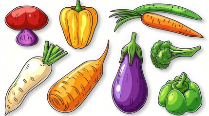 Wall Mural - Bright handdrawn veggies in vivid hues and textures, ideal for design projects, food blogs, or culinary artistry.