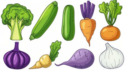 Wall Mural - Bright handdrawn veggies in vivid hues and textures, ideal for design projects, food blogs, or culinary artistry.