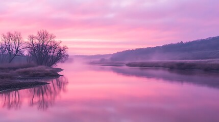 Poster - ahmadwahyuutomo776@gmail.com A stunning river scene reflecting pink hues at sunset, capturing nature's beauty in a serene landscape.