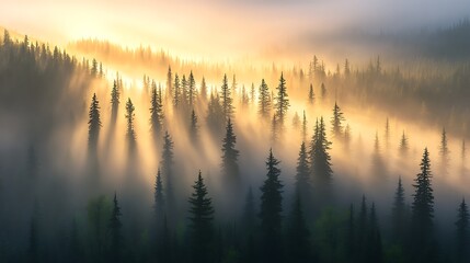 Aufkleber - ahmadwahyuutomo776@gmail.com A serene sunrise in a misty pine forest with sunbeams filtering through the trees.