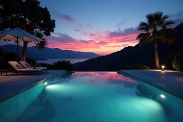 Wall Mural - Darkened pool water reflected serene landscape at dusk, reflection, night