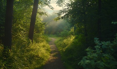 Poster - ahmadwahyuutomo776@gmail.com A serene forest path bathed in soft golden light, perfect for nature and landscape imagery.