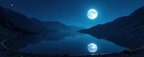 Wall Mural - Phantom lake with moonlit reflection and crater-like features in the distance, Shadows, Phantom, Mysterious