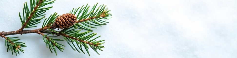 Wall Mural - Pine branch with long needles on a snowy white background, pine, pinecone, wood