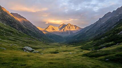 Poster - ahmadwahyuutomo776@gmail.com A breathtaking sunrise view of a mountain valley illuminated by golden light.