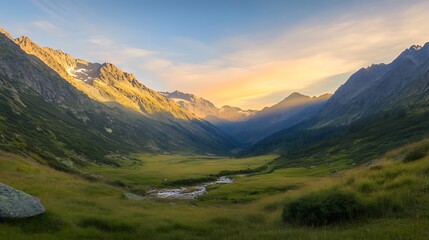Poster - ahmadwahyuutomo776@gmail.com A breathtaking sunrise over a scenic mountain valley illuminated by golden light.