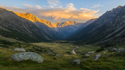 Aufkleber - ahmadwahyuutomo776@gmail.com A scenic mountain valley bathed in golden light at sunrise, capturing the beauty of nature's tranquility.