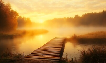 Poster - A serene wooden bridge spans a foggy river at sunrise, capturing a tranquil moment in nature.
