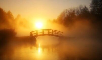 Poster - A foggy river scene featuring a small wooden bridge at sunrise, perfect for serene nature imagery.