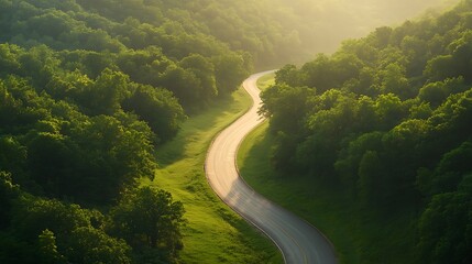 Poster - A serene image of a winding road through a lush green forest, inviting tranquility and adventure.