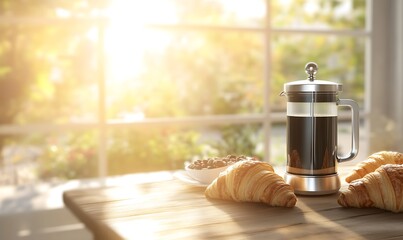 Aufkleber - A wooden table featuring a French press coffee maker in a cozy setting.