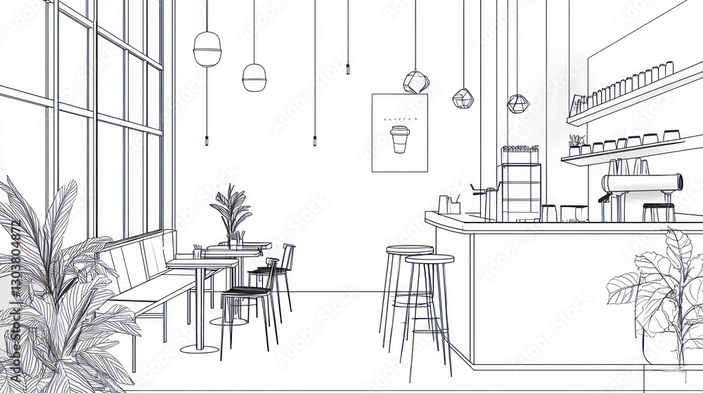 Line drawing cafe interior with plants, tables, and bar. Possible use ...