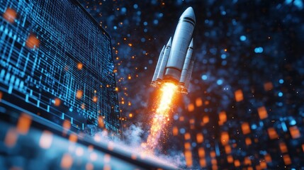 Rocket launching from digital screen, data stream background, startup concept