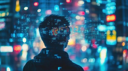 City night, man, data, overlay, future, tech, thinking, vision, progress, concept