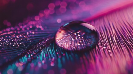 Poster - Macro shot of a single raindrop on a peacock feather, reflecting vibrant iridescent colors.