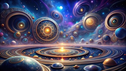 Wall Mural - A Celestial Tapestry of Ornate Rings and Glowing Spheres in a Cosmic Expanse