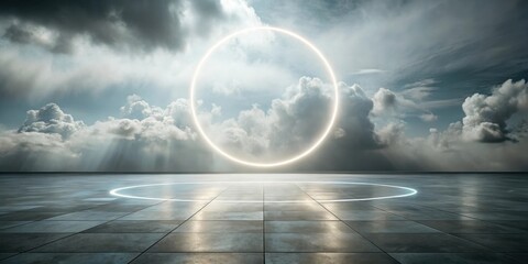 Wall Mural - ethereal circular light installation above a vast, reflective plane under a dramatic sky