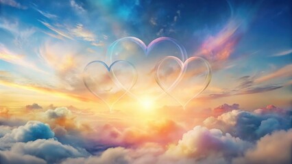 Wall Mural - Celestial Heartscape Intertwined symbols of love and devotion soar amidst a breathtaking sunrise over a boundless sea of clouds.