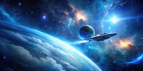 Wall Mural - a futuristic spaceship soars through a celestial tapestry of nebulae and planets