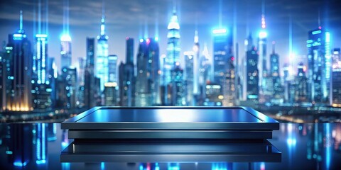 Wall Mural - sleek metallic platform overlooking a vibrant nocturnal cityscape, perfect for showcasing products o
