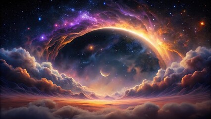 Wall Mural - Celestial Panorama A Dreamlike Landscape of Clouds, Crescent Moon, and a Cosmic Nebula Encircling a Distant Planet