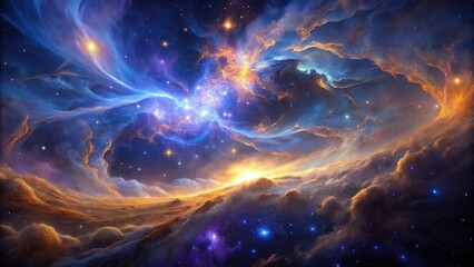 Wall Mural - A Celestial Tapestry Where Golden Clouds Meet a Star-Studded Expanse of Deep Blue and Violet Nebulae